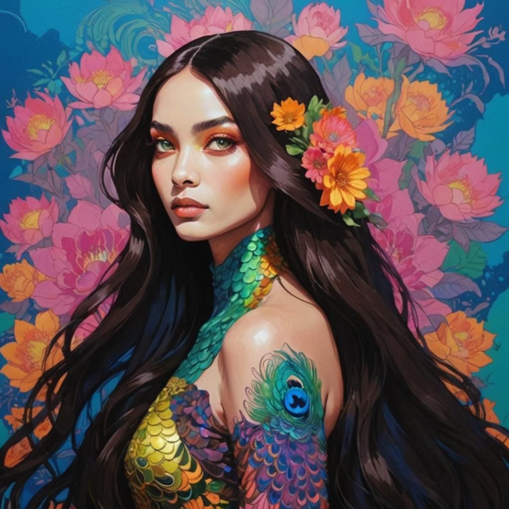 Dragon Peacock Woman in Vibrant Pop Art Style