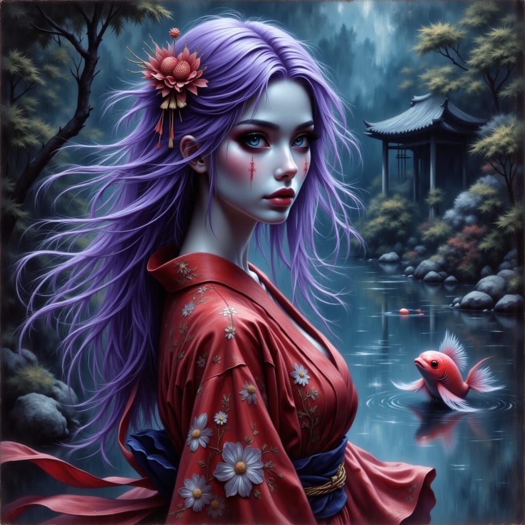 Yokai Woman by Pond in Photorealistic Anime Style