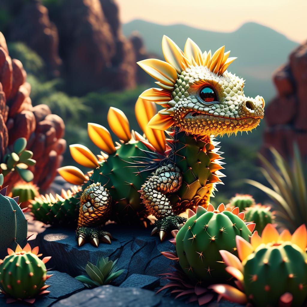 Enchanting Baby Cactus Dragon in Fantasy Landscape