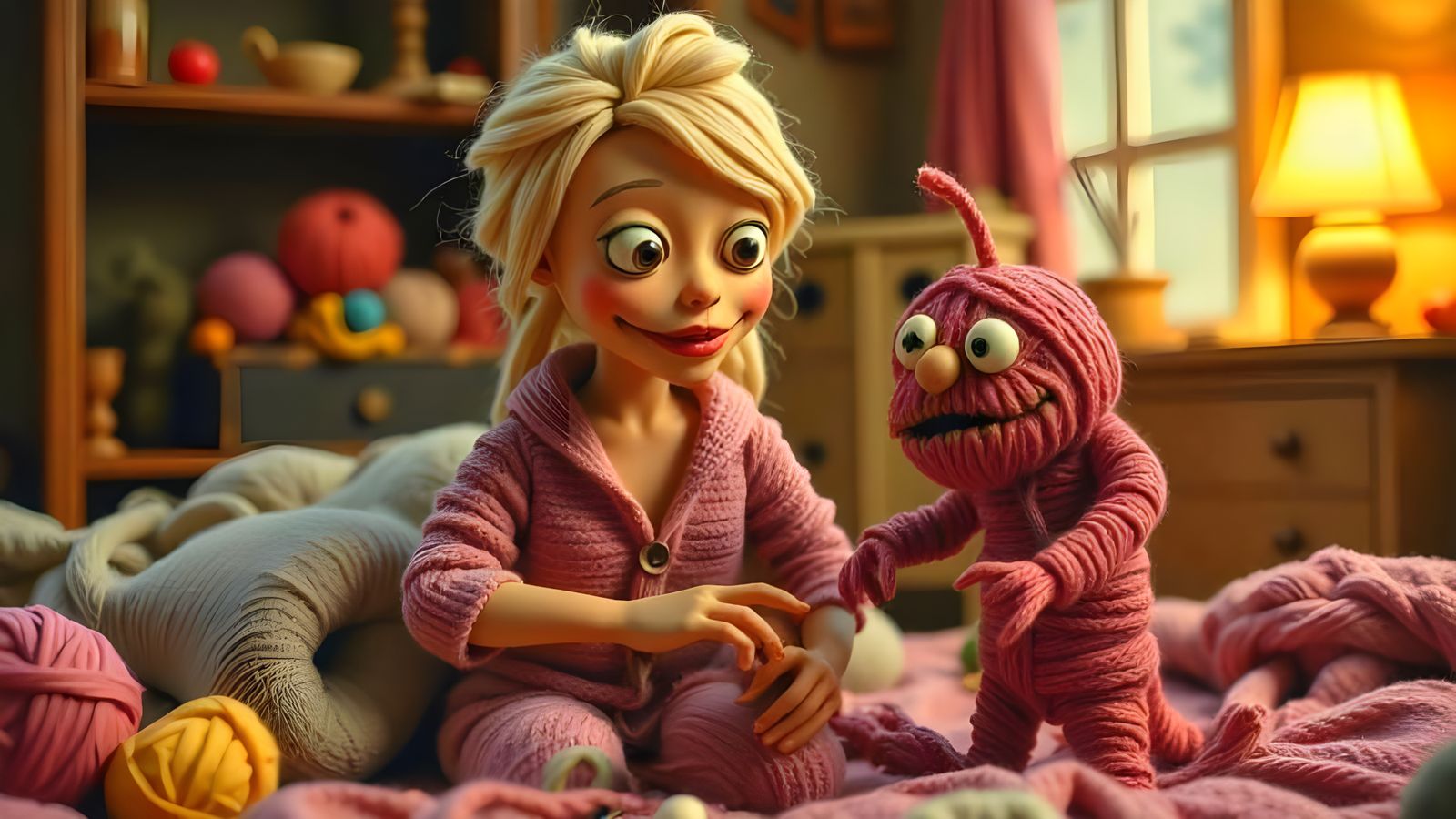 Blonde Woman and Yarn Monster in Claymation Style