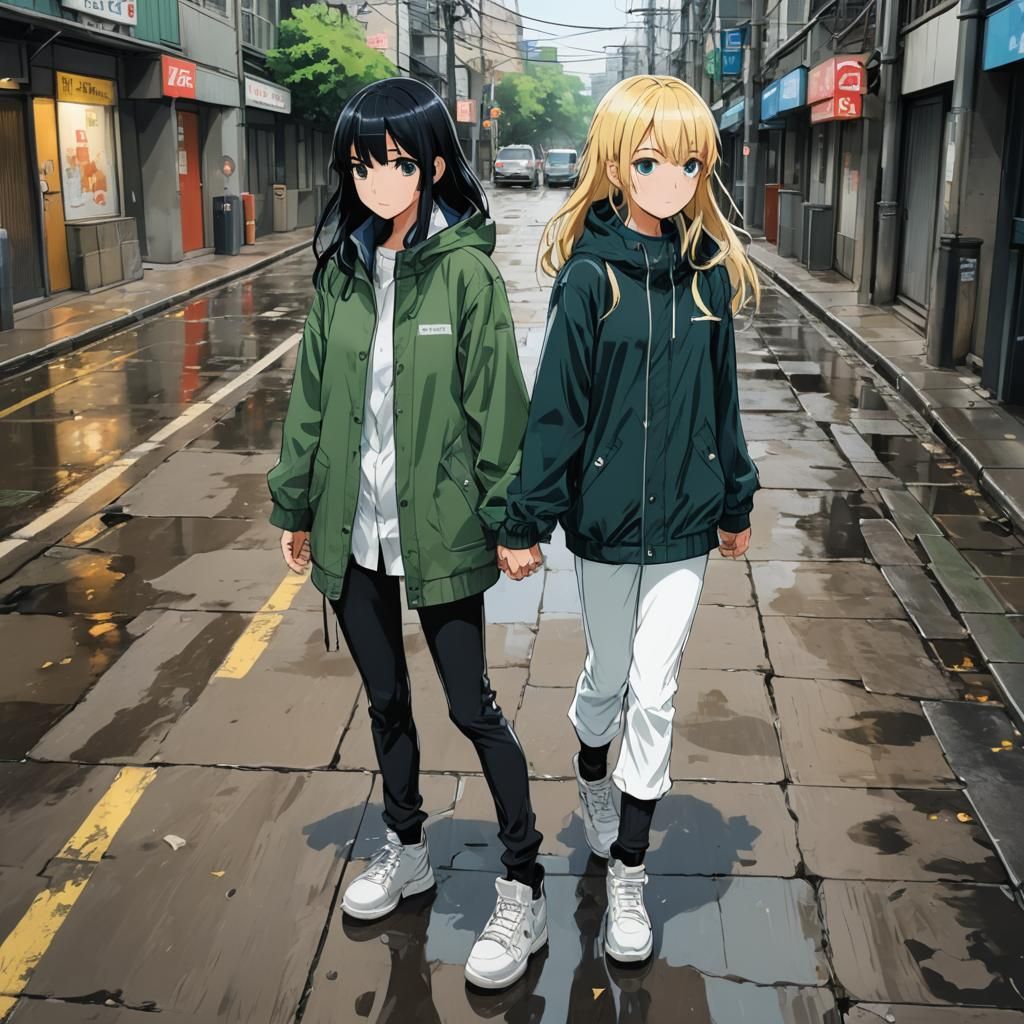 Anime Girls Hand-in-Hand in Rainy Manga Style