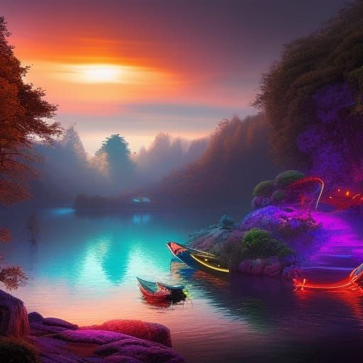 Glowing Fairy Boat in Detailed Fantasy Landscape