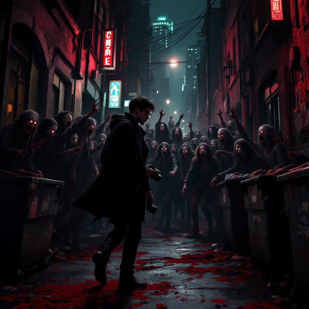 Horror Photographer in Zombie Alley: Hyper-Realistic Scene
