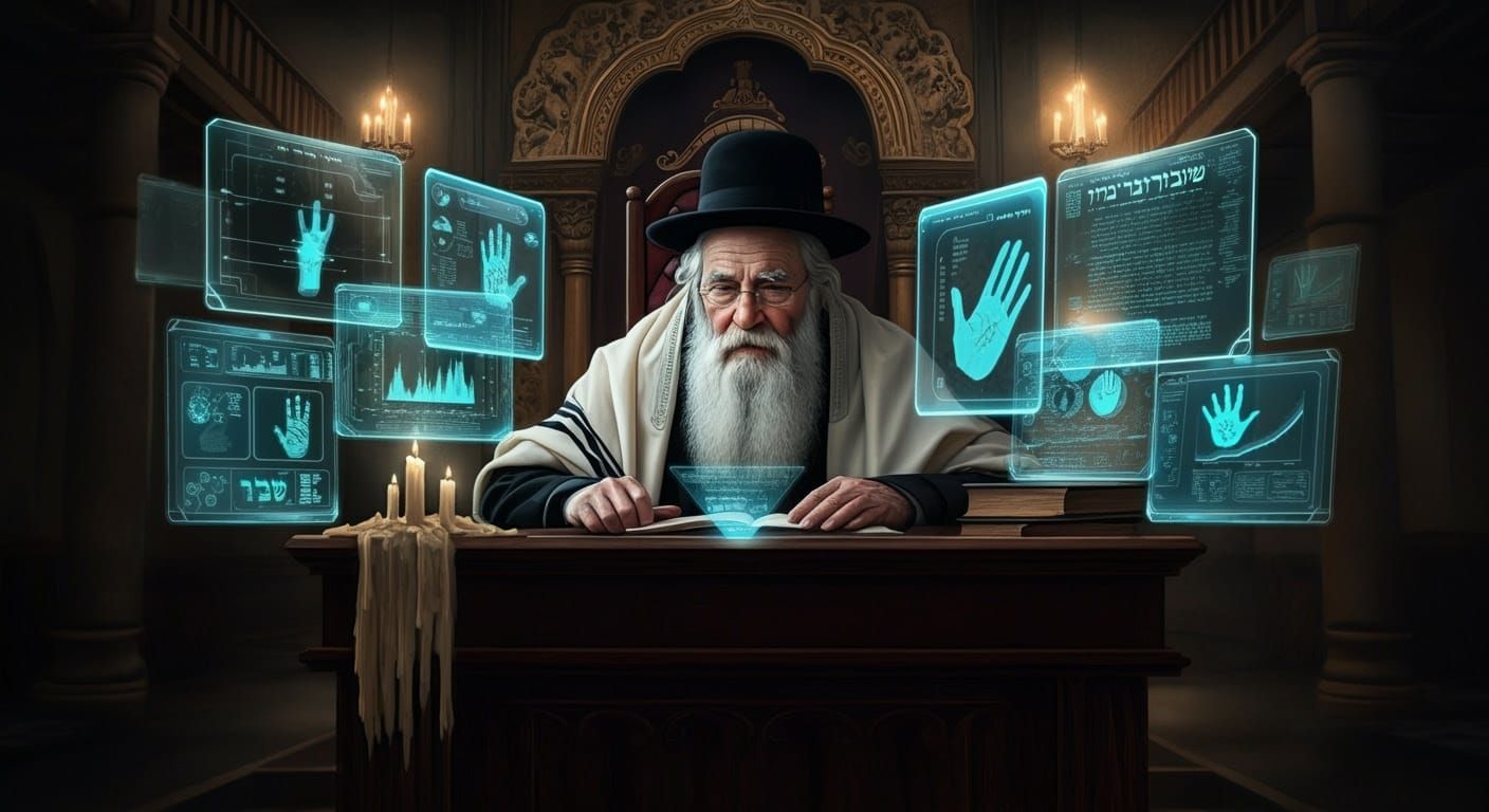 Rabbi Surrounded by Holographic Screens: Digital Illustratio...