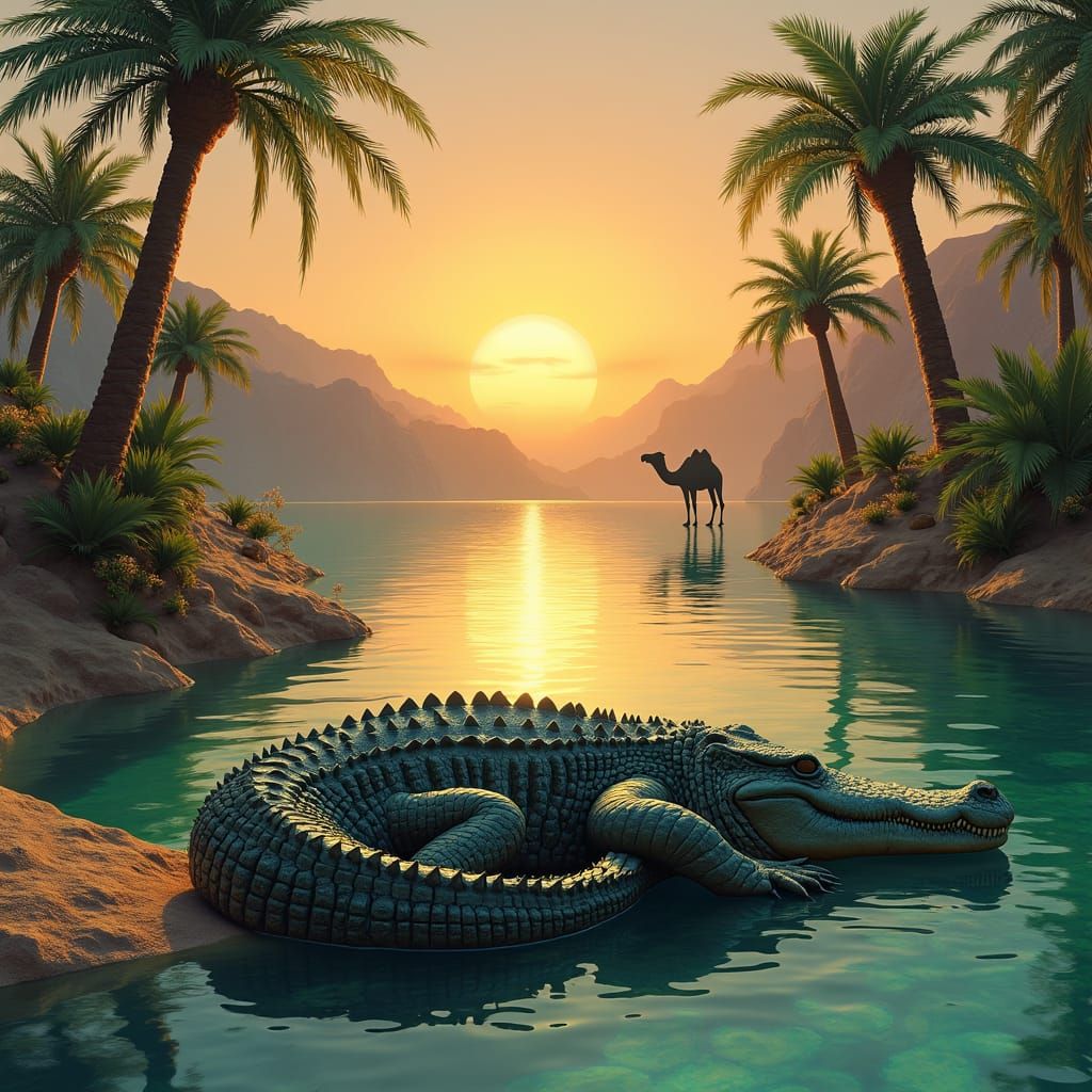 Desert Oasis Sunset with Camel Silhouette