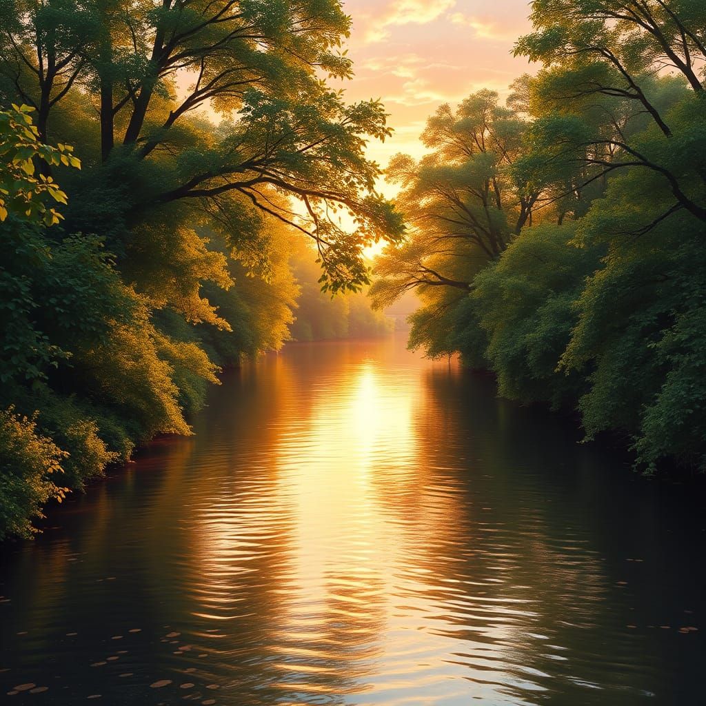 Sunset River Landscape in Gouache Painting Style