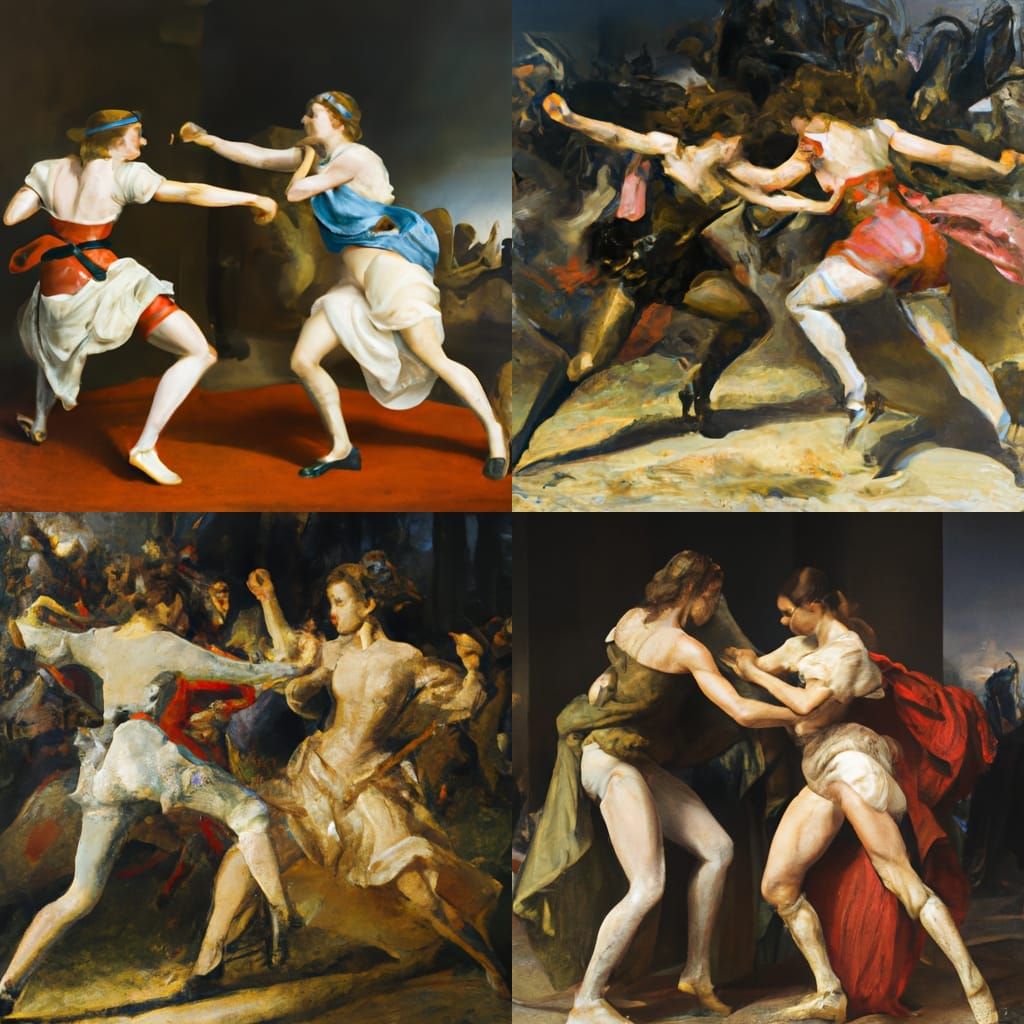 Women in Tights Fighting: An Oil Painting