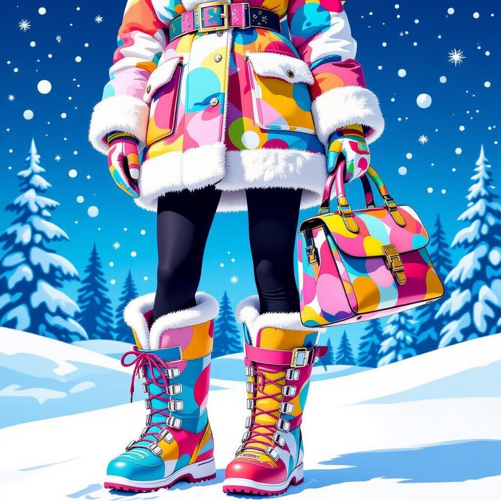 Woman with Moon Boots and Handbag in Winter Wonderland