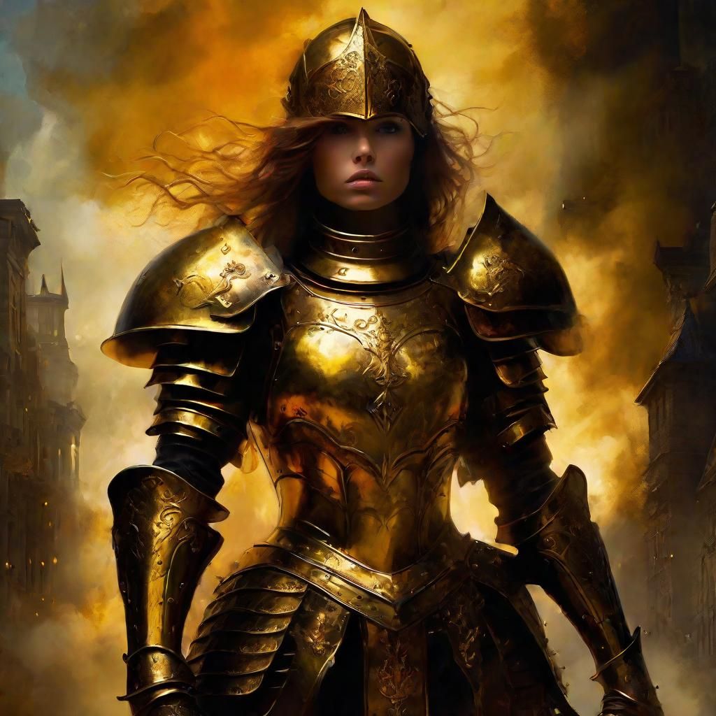 Armored Woman in Golden Smoke: Dark Fantasy Art