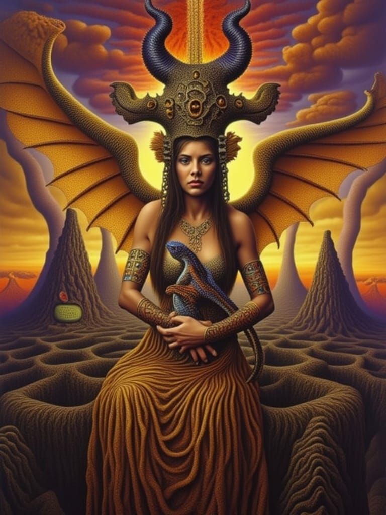 Dragon Woman Serene in Volcanic Landscape