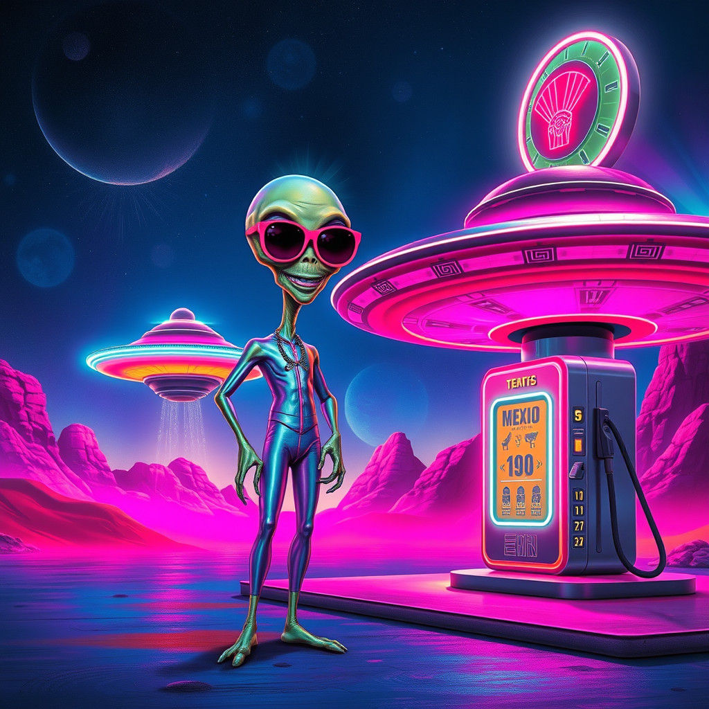 Extraterrestrial Gas Station with Alien and UFO in Neon Ligh...