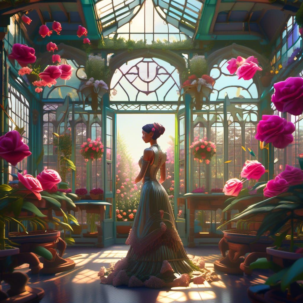 Victorian Greenhouse with Roses and Orchids, 3D Art
