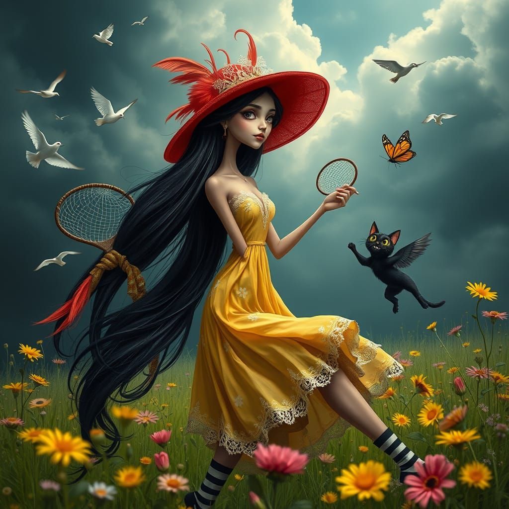 Ethereal Surrealist Goddess in Vibrant Floral Wonderland