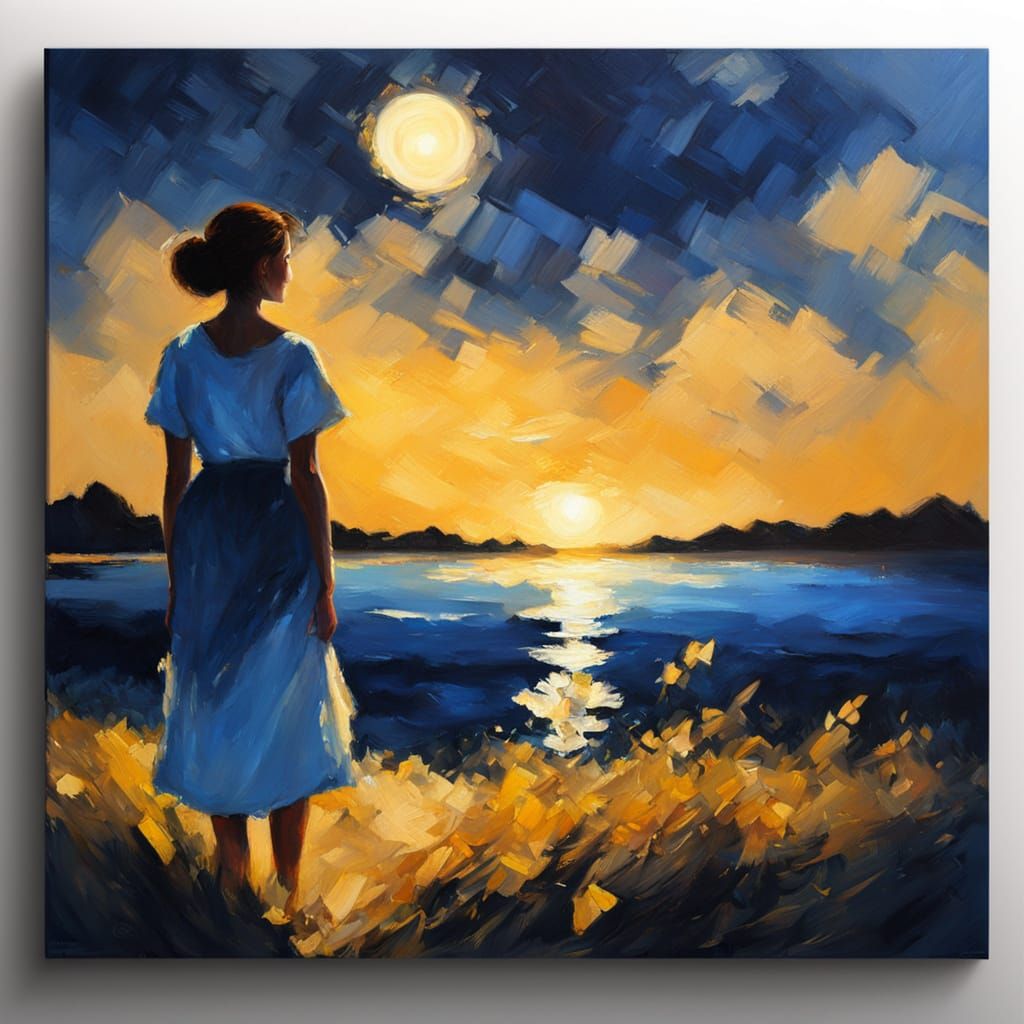 Impressionist Oil Painting of Woman Under Moonlight