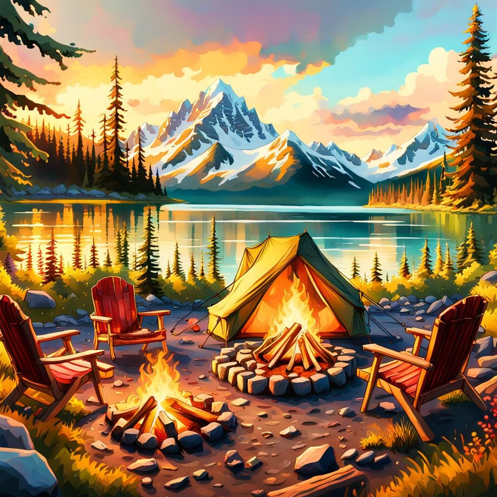 Alaskan Lakeside Camp in Watercolor Style