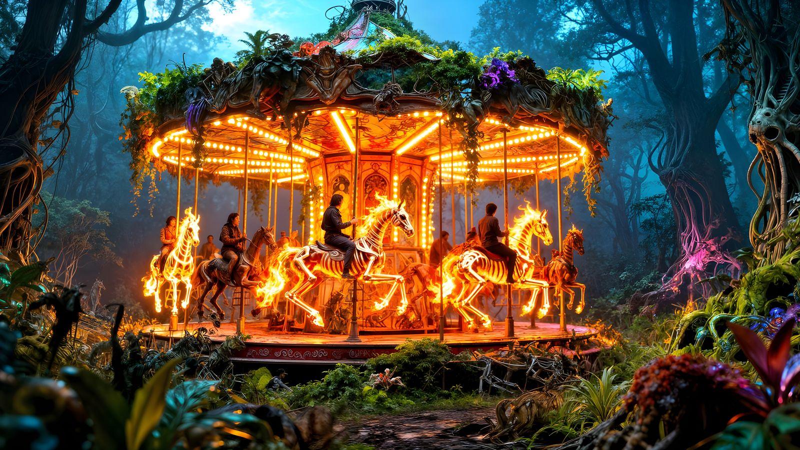 Fiery Skeleton Horses on Overgrown Carousel