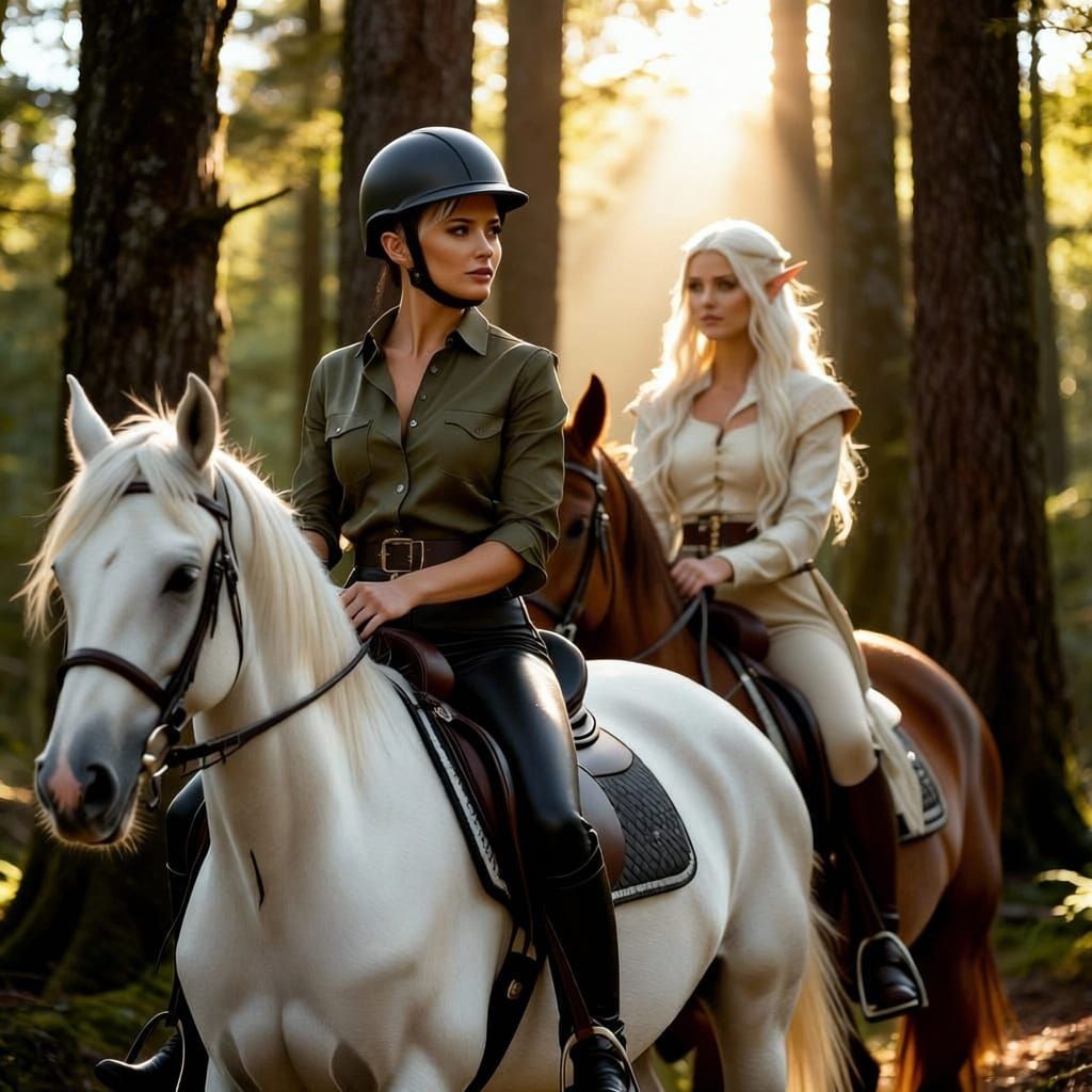 Elf and Woman Riding Through Enchanted Woods