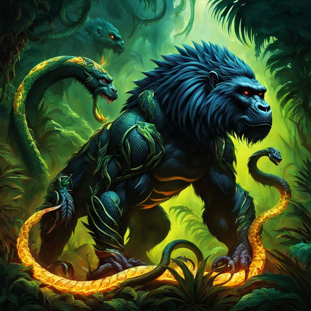 Mythical Jungle Chimera with Snake, Scorpion, and Gorilla