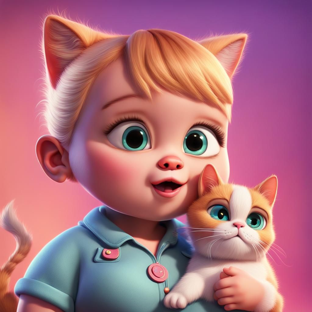Baby Girl with Persian Cat as 3D Rendered Art