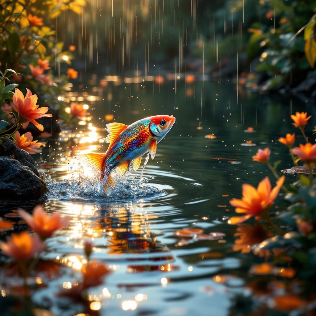 Hyperrealistic Pond Scene with Vibrant Fish and Exotic Flowe...