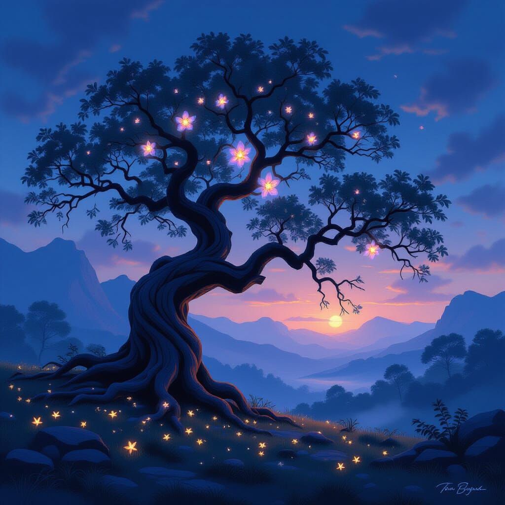Ancient Tree with Glowing Flowers Under Twilight Sky