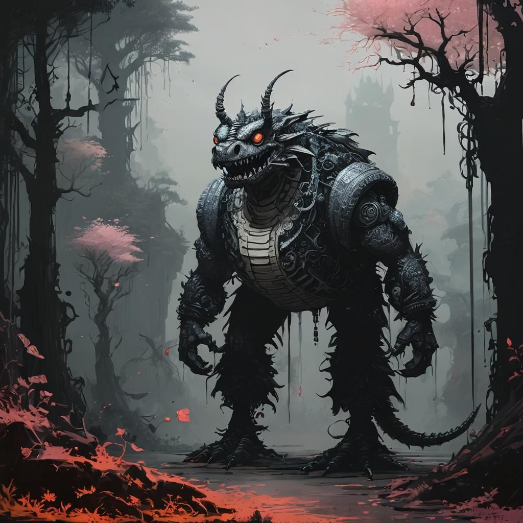 Asian Dragon Serpent in Mixed Media Style