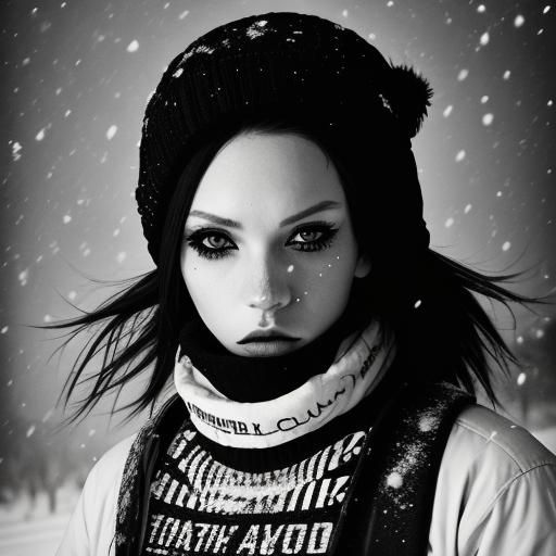 Punk Rock Fashion Model in Snow: Black and White