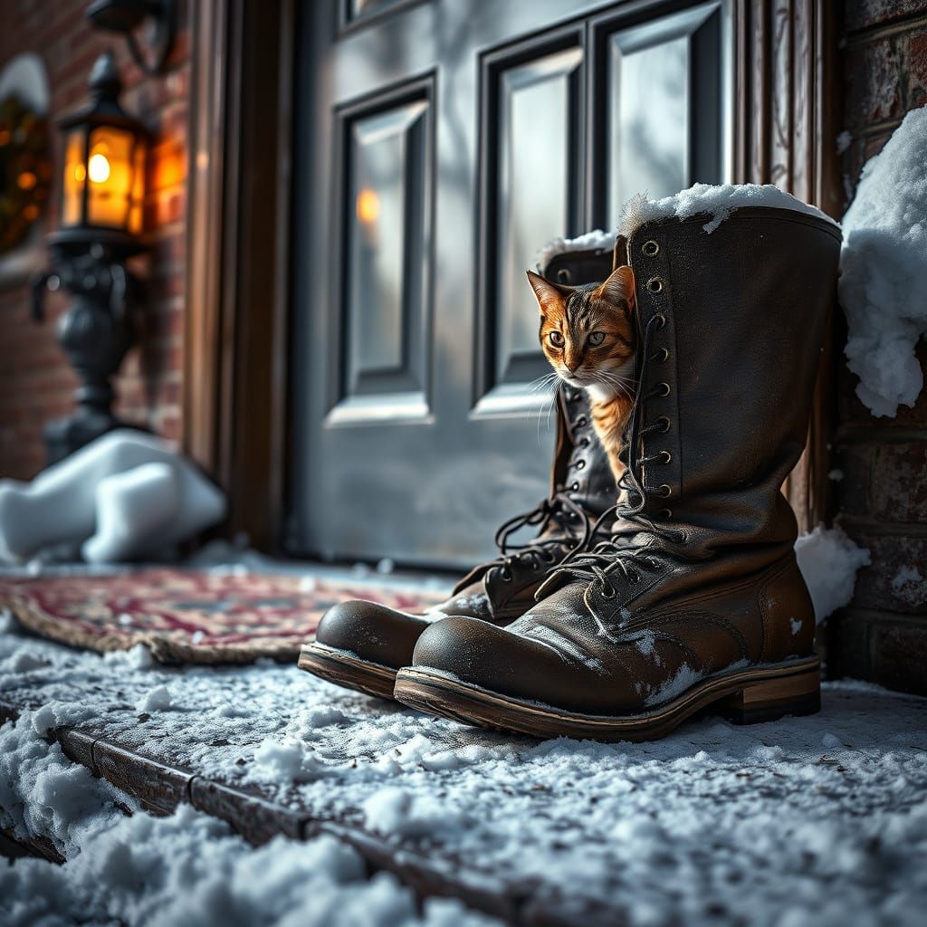 Cat Peeking From Old Boot on Snowy Porch