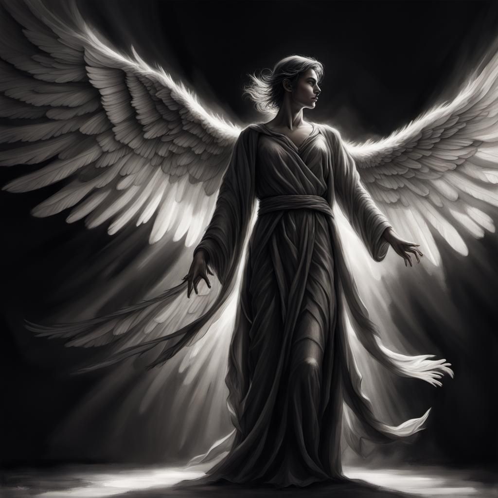 Majestic Angel Illustration in Charcoal Style