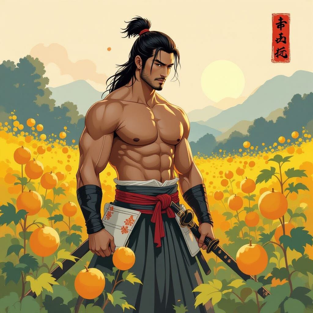 Samurai Among Yellow Flowers in Ukiyo-e Style