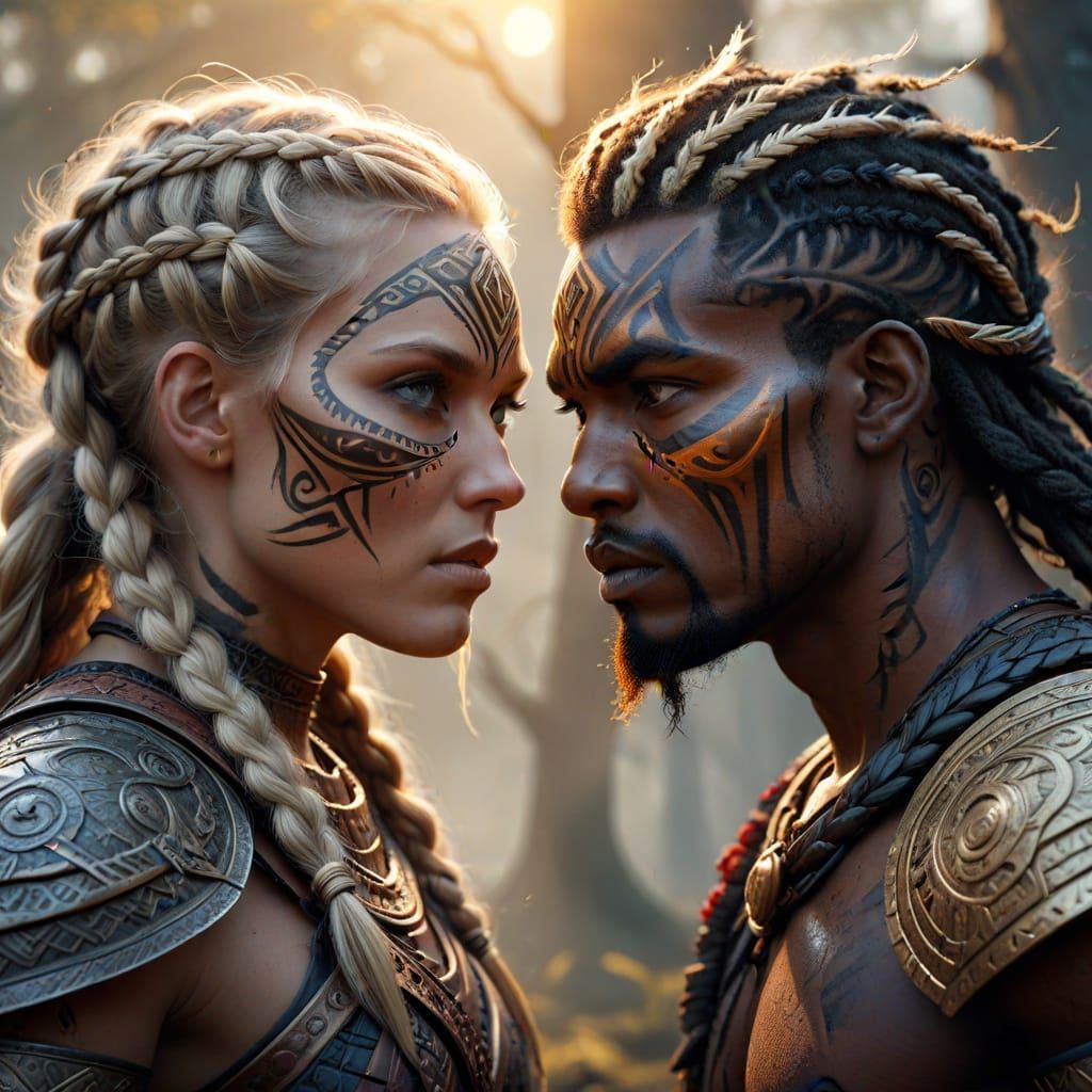 Viking and African Warrior Face-Off: Digital Concept Art
