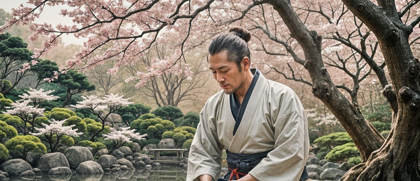 Aikido Master in Japanese Garden: Ukiyo-e Style