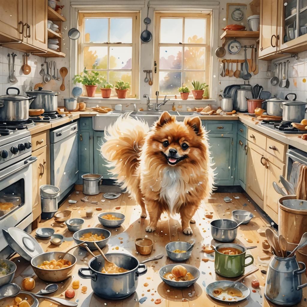 Playful Pomeranian Creates Kitchen Chaos, Watercolor Style