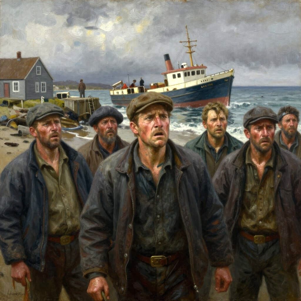 Villagers React to Shipwreck News in Brooding Oil Painting