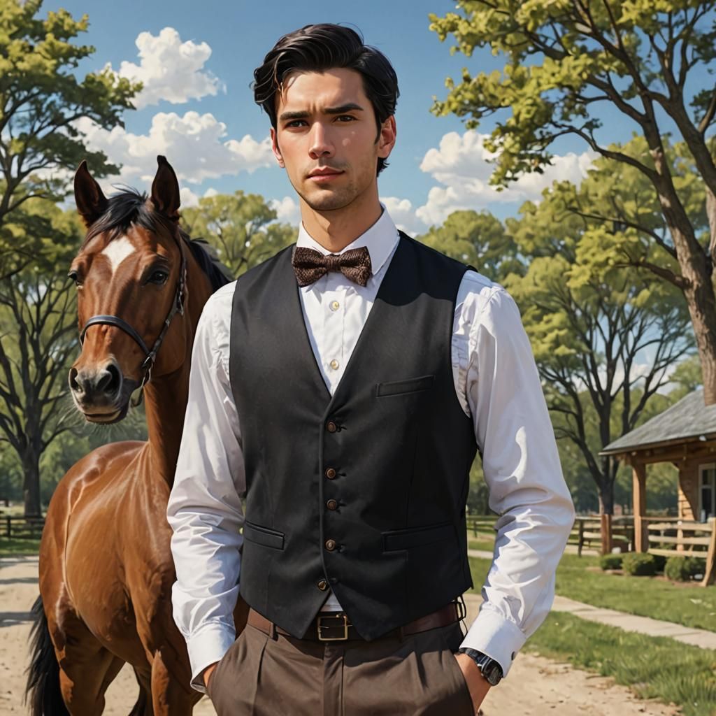Boy with Dog and Horse in Formal Attire