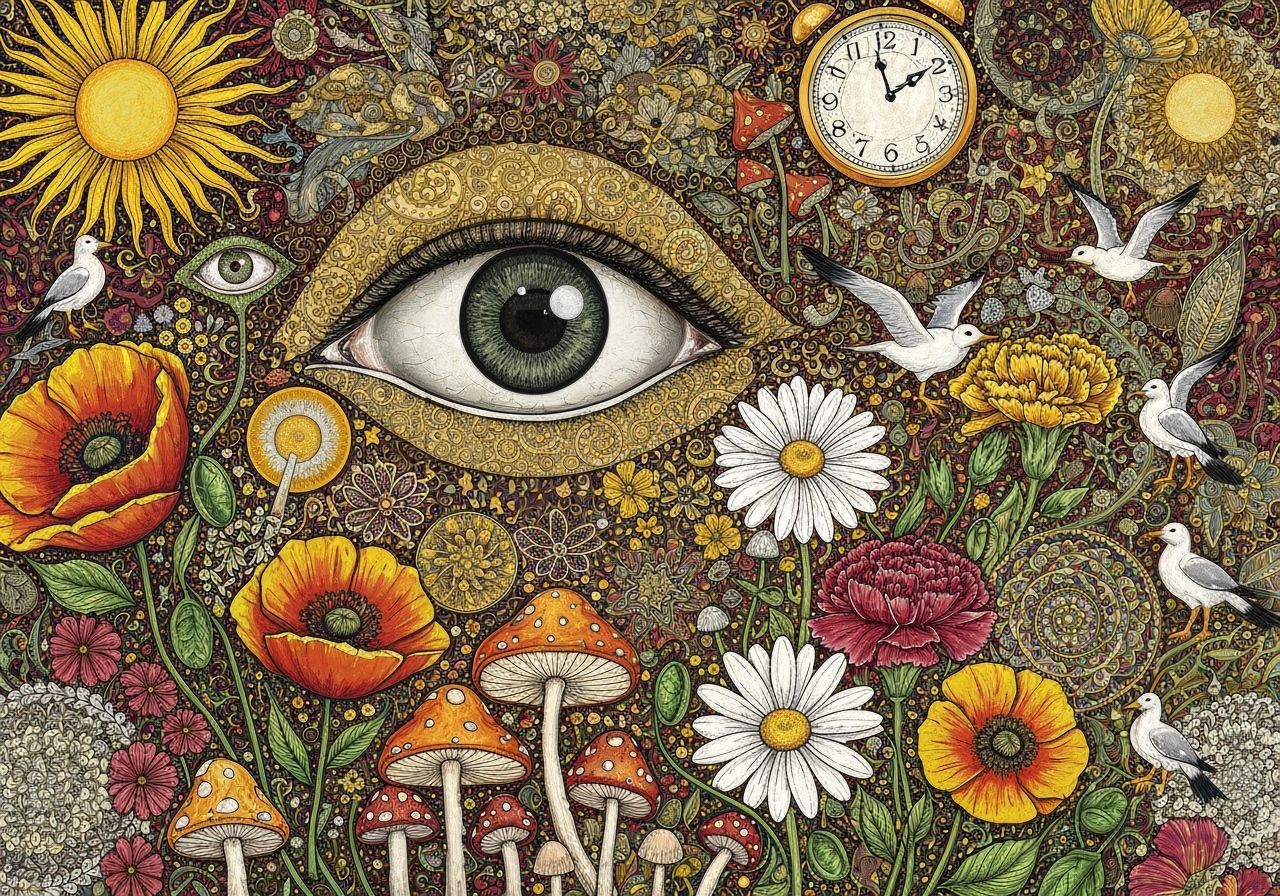 Abstract Fantasy Flowers With Clock and Sun in Digital Art S...