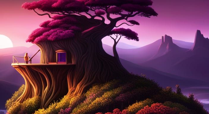 Treehouse on Purple Alien Planet in Hyperrealistic Style