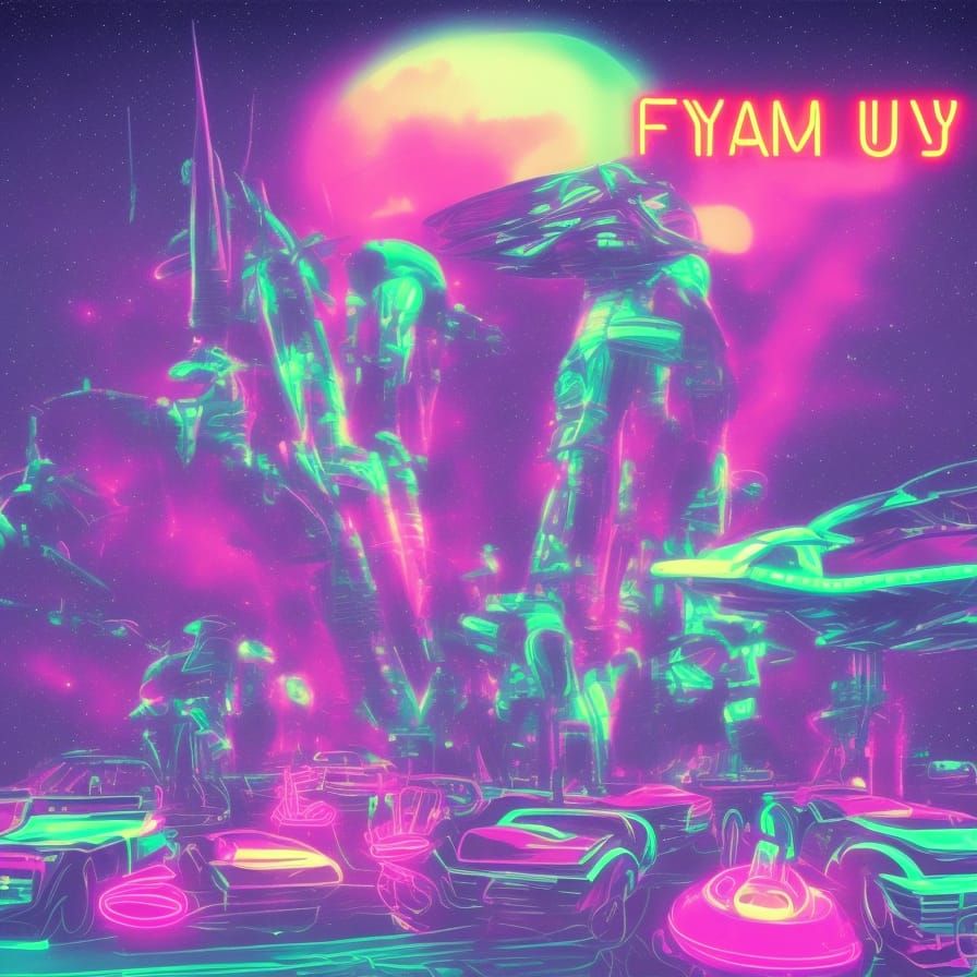 Synthwave UFO Aliens in Retro Neon Style