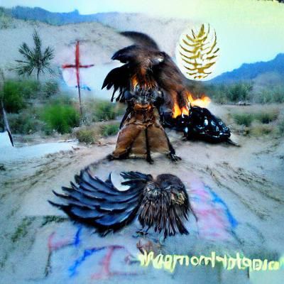 Gothic Warrior Monk and Eagle in Fire Desert