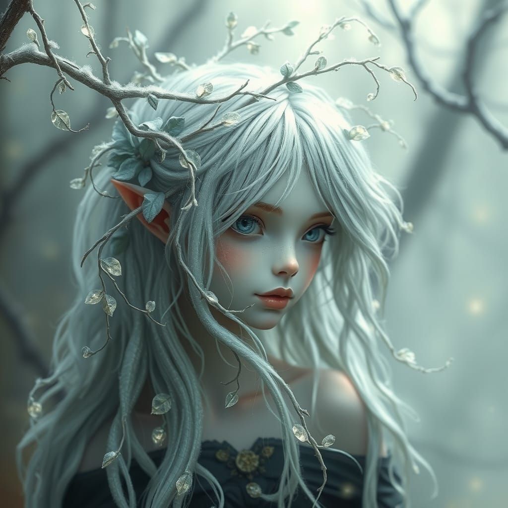 Mystical Forest Dweller with Frosty Hair and Glowing Crystal...