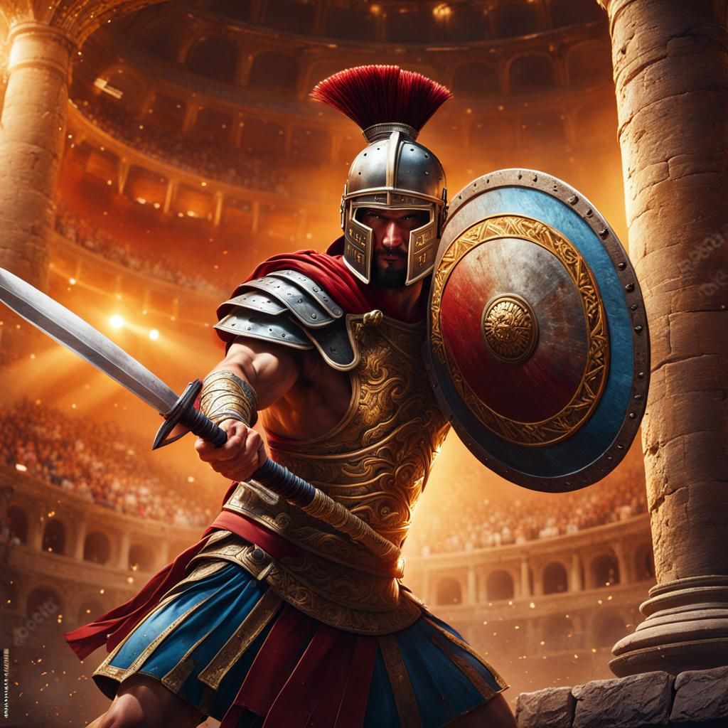 Gladiator Combat in the Colosseum: Hyperrealistic Splash Art