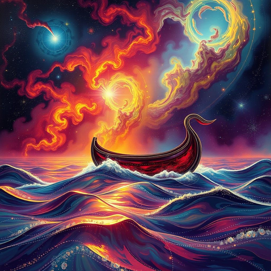Red Wine Boat on Limoncello Sea Holographic Astral Art