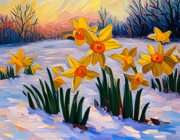 Daffodils in Snow: Neo-Impressionist Oil Painting