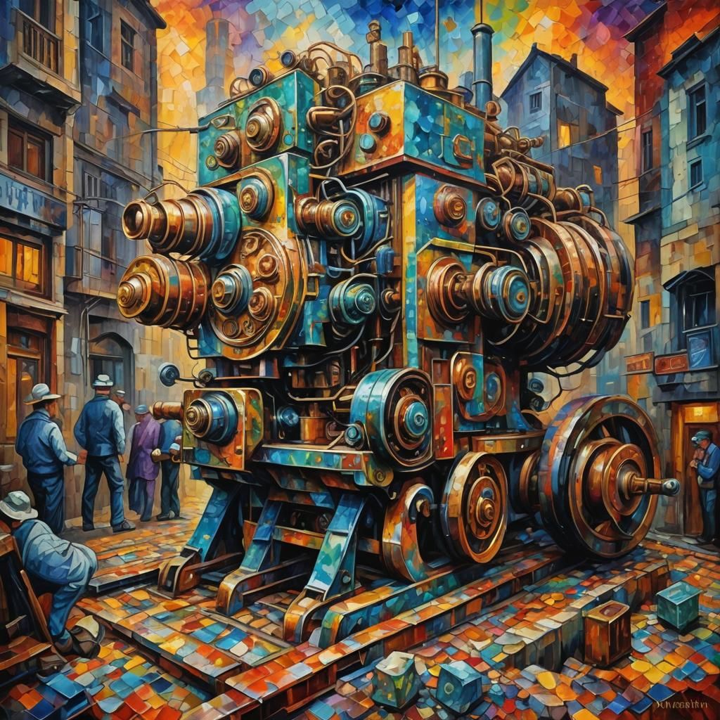 Menacing Machine in Neo-Impressionist Oil Painting