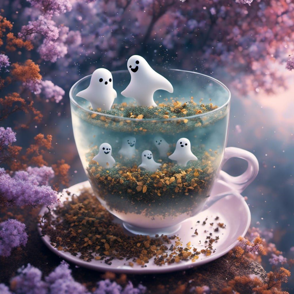 Cute Ghost in Misty Morning Tea Garden