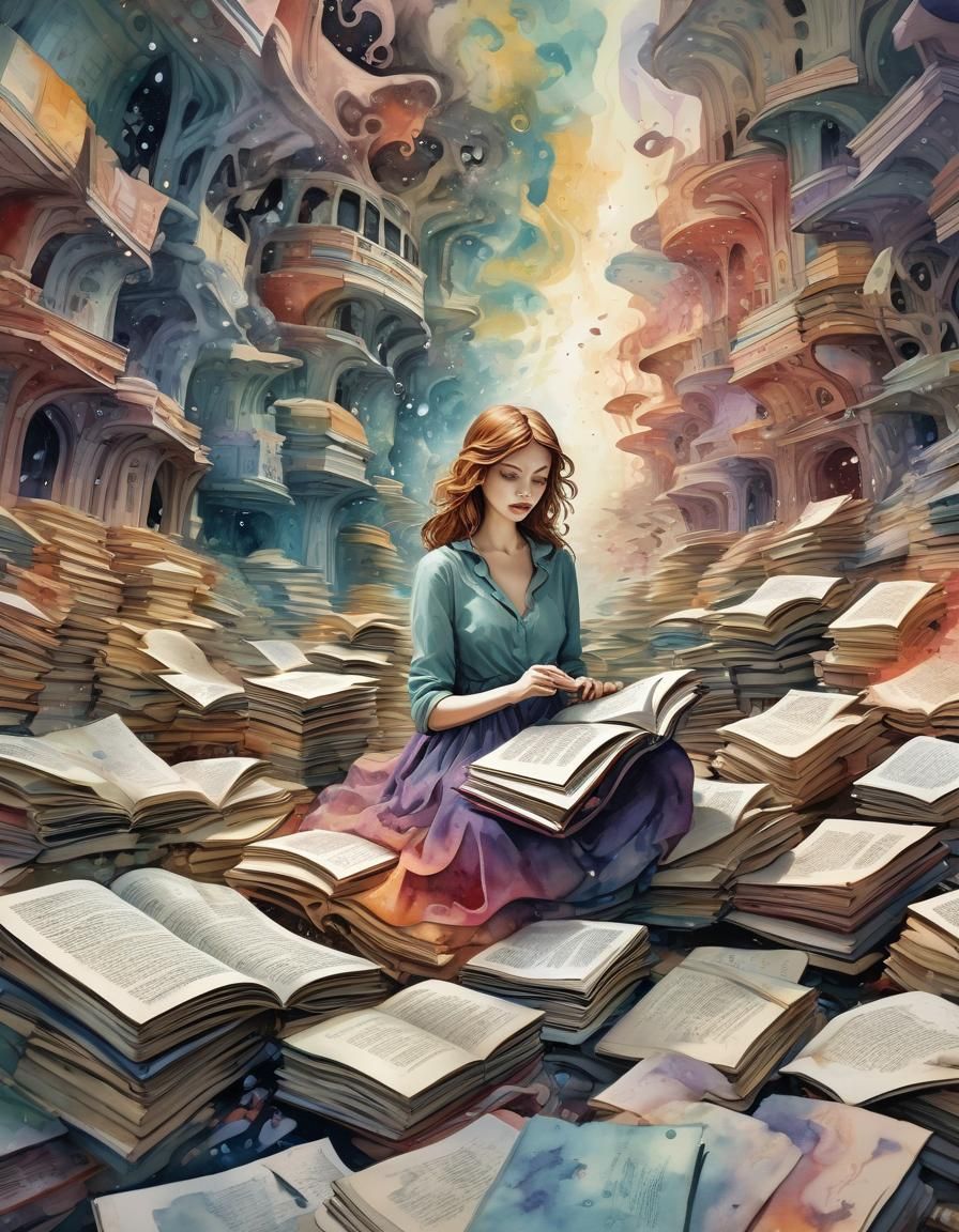 Surreal Dreamscape: Woman in Watercolor Book Pages