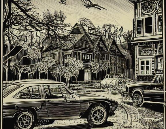 Cheerful Car in Old Town Comic Art