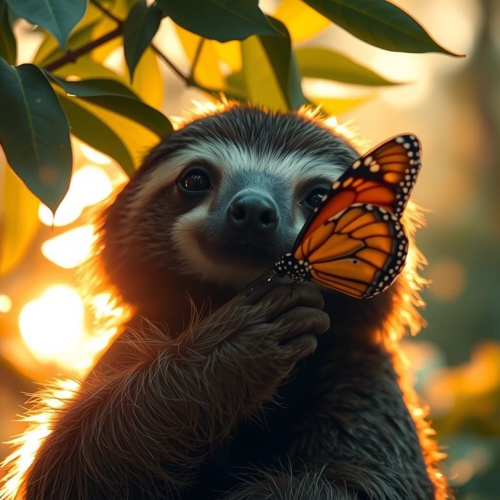 Sloth and Monarch Butterfly in Golden Forest Light