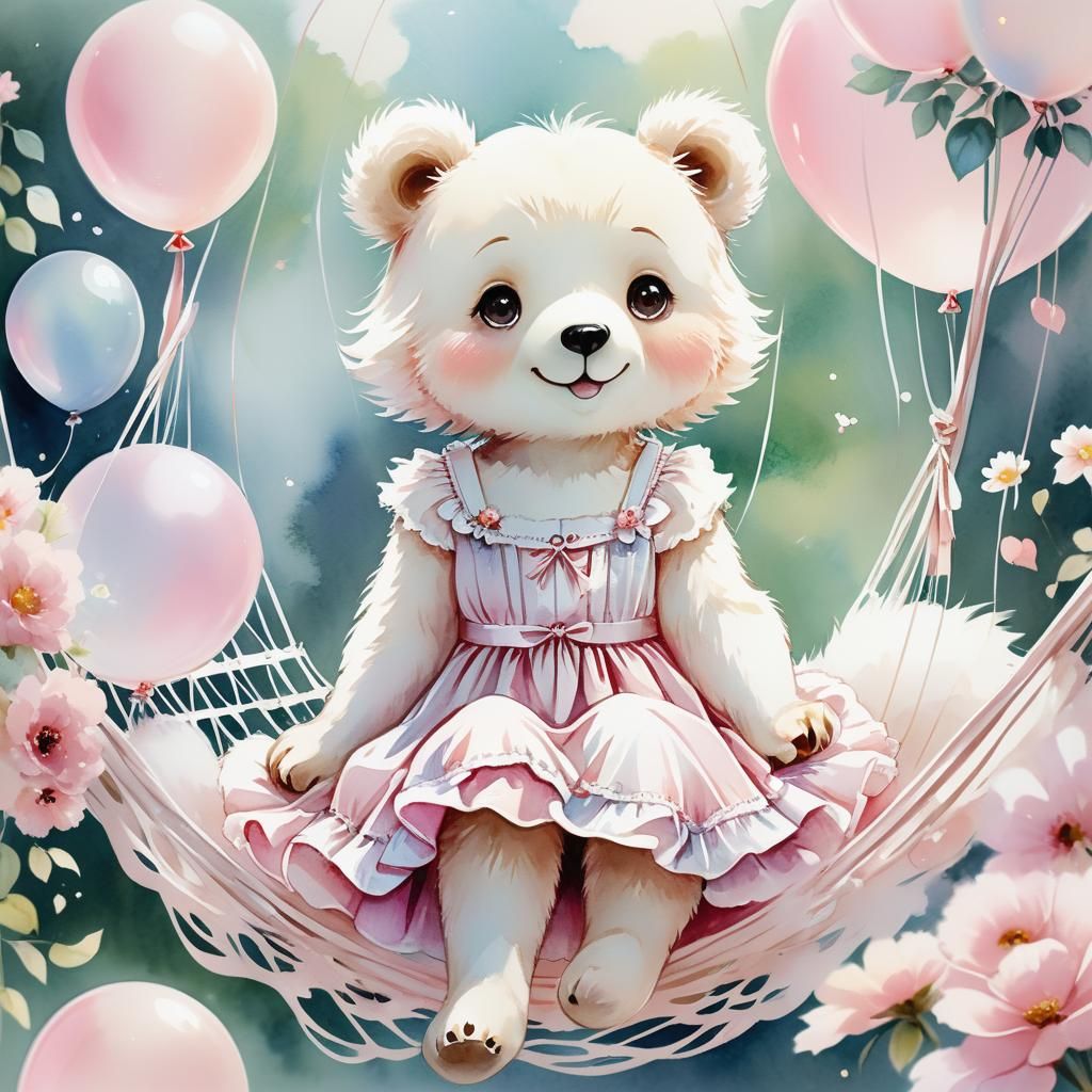 In warm bright colors: "A smiling anime bear whose color is ...