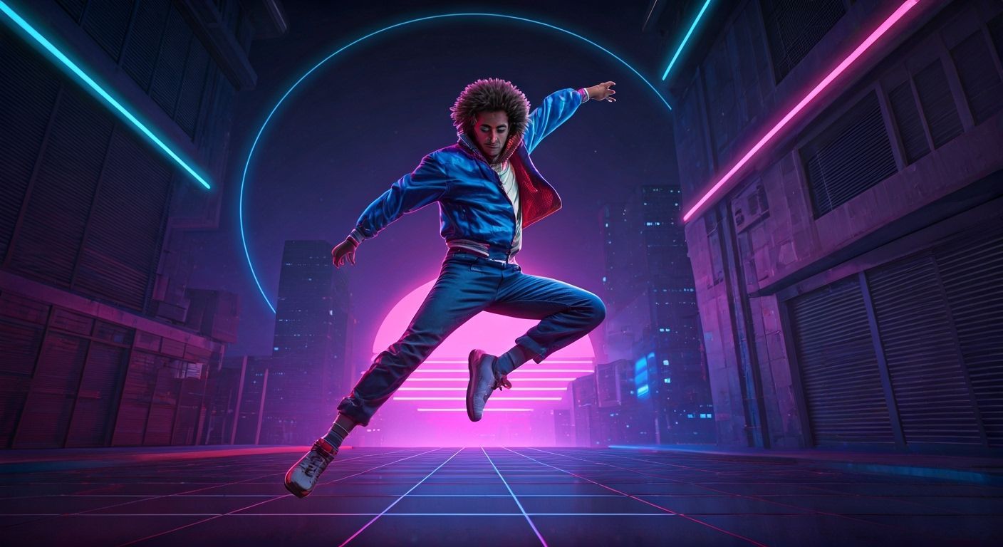 Person Jumps in 80s Style, Synthwave Aesthetic